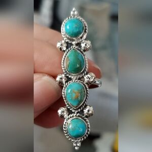 Sterling Silver Adjustable Kingman Turquiose Long Four Stone Ring